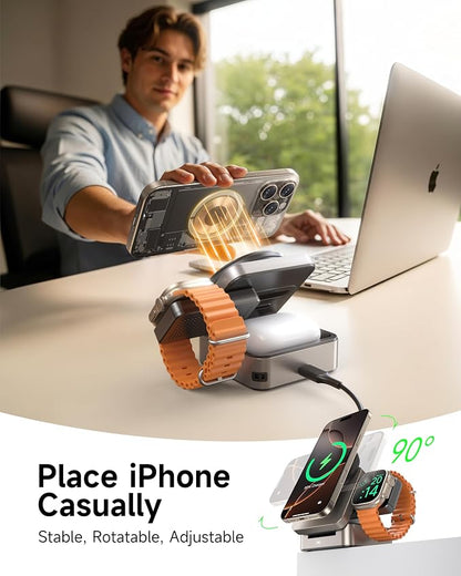 ZEEHOO 3-in-1 Foldable Magnetic Wireless Charging Station, Qi2 Certified 15W Travel Charger Stand Dock Wireless Charger for iPhone 17/16/15/14/13/12 Series, Apple Watch, AirPods (30W Adapter Included)