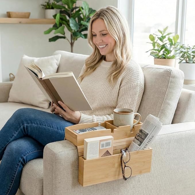 Bamboo Couch Cup Holder Tray, Couch Armrest Table with Side Storage Pocket and Phone Holder, Non-Slip Couch Caddy Tray for Drinks, Snacks, Remote and Phone