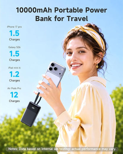 Portable Charger, 10000mAh Power Bank 22.5W PD, Built-in Cables for iPhone | Built-in Lightning & USB-C cables, 22.5W fast output, 18W input, charge 4 devices at once, compact design, 18-month warranty.