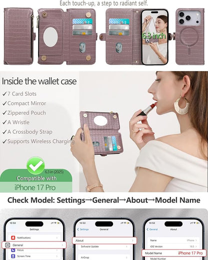Crossbody Wallet Case for iPhone 17 Pro with Mirror, Wrist Strap, Zipper Purse Magnetic Flip, RFID Blocking Card Holder, Wireless Charging, PU Leather Shockproof 6.3" Women (Rose Gold)