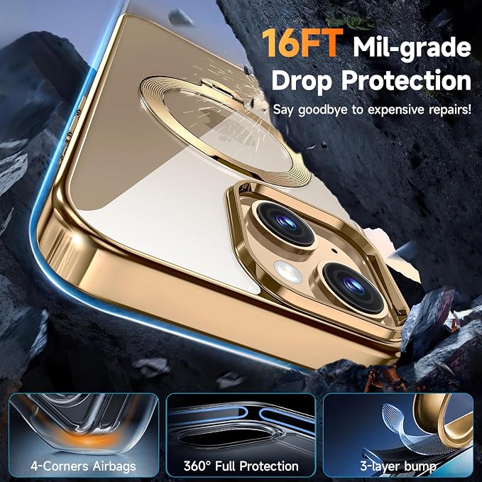 [Tri-Shield Protection] for iPhone 13/14 Case with 360° Spin Stand Compatible with MagSafe [Magnetic CD Ring] [Screen & Camera Lens Protector] Shockproof Plating Never-Yellowing, Gold-6.1"