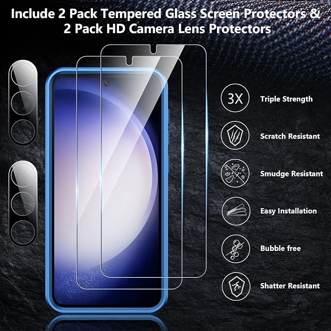 SPIDERCASE Designed for Samsung Galaxy S23 Case, [10 FT Military Grade Drop Protection], 2 Pack [Tempered Glass Screen Protector+Camera Lens Protector] Heavy Duty Shockproof Case, Dark Blue