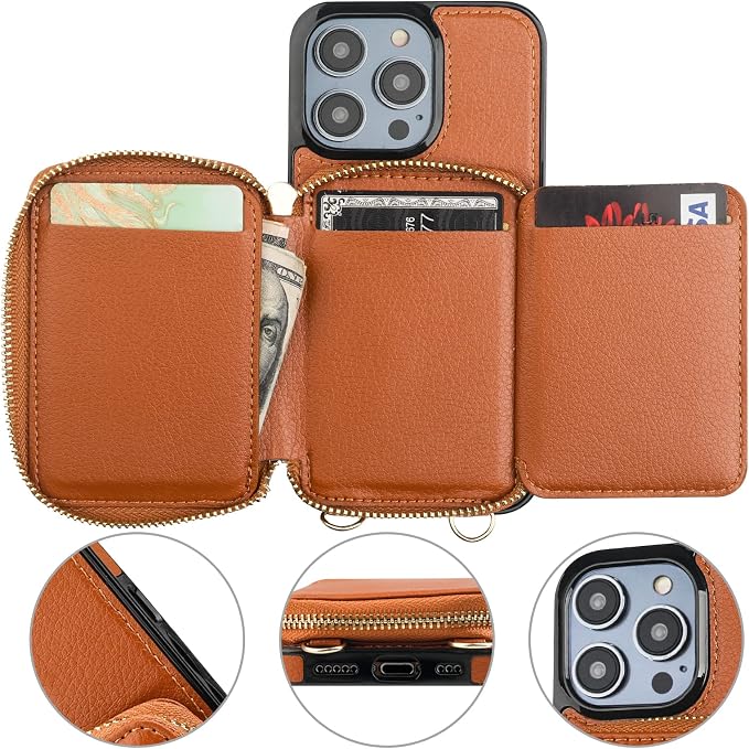 Bocasal RFID Blocking Wallet Case for iPhone 14 Pro, Adjustable Crossbody Zipper Purse Case Card Holder with Kickstand Detachable Wrist Strap, PU Leather Flip Folio Case 6.1 Inch 5G (Brown)
