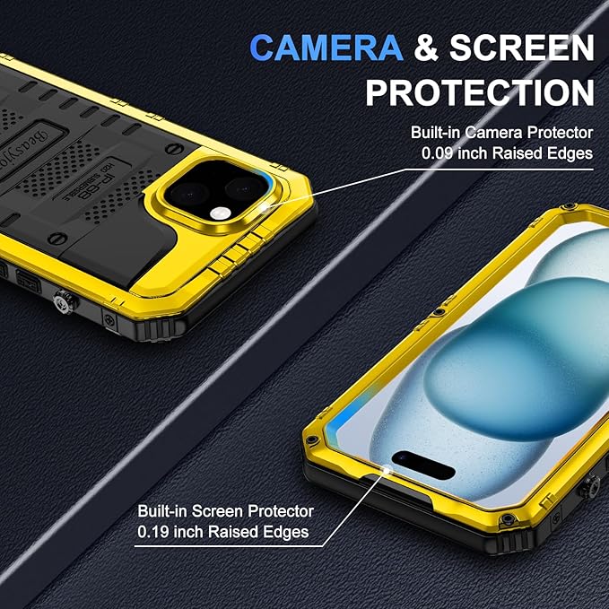 Beasyjoy for iPhone 15 Case Waterproof, Metal Heavy Duty Full Body Protective Case with Built-in Screen Protector, Military Grade Shockproof Dustproof Defender Rugged Cover for iPhone 15 6.1", Yellow