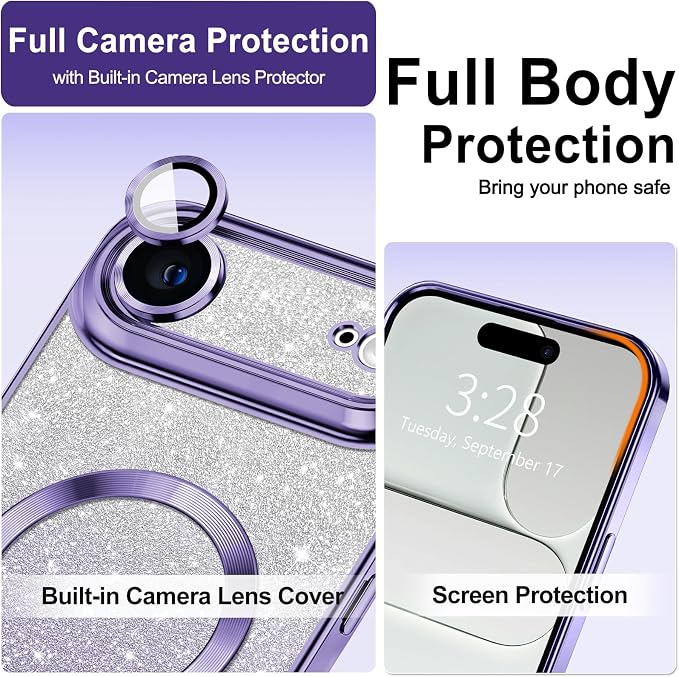 Hython for iPhone Air Case Glitter Clear Magnetic Phone Cases [Compatible with MagSafe] Full Camera Lens Protector Sparkle Luxury Plating Slim Shockproof Protective Cover, Gradient Light Purple