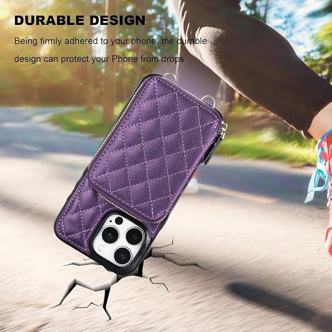 Bocasal Crossbody Wallet Case for iPhone 15 Pro Max, RFID Blocking PU Leather Zipper Handbag Purse Flip Cover, Kickstand Folio Case with Card Slots Holder Wrist Strap Lanyard 5G 6.7 Inch (Dark Purple)
