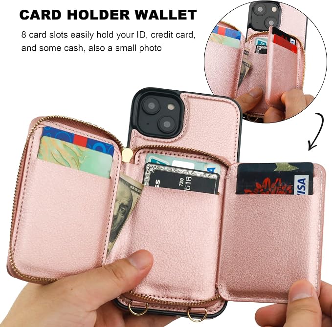 Bocasal RFID Blocking Wallet Case for iPhone 14 Plus, Adjustable Crossbody Zipper Purse Case Card Holder with Kickstand Detachable Wrist Strap, PU Leather Flip Folio Case 6.7 Inch 5G (Rose Gold)