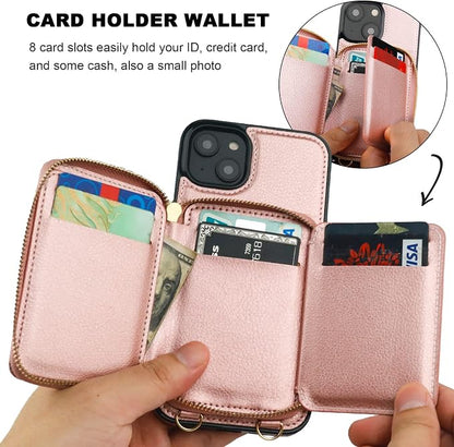 Bocasal RFID Blocking Wallet Case for iPhone 14 Plus, Adjustable Crossbody Zipper Purse Case Card Holder with Kickstand Detachable Wrist Strap, PU Leather Flip Folio Case 6.7 Inch 5G (Rose Gold)
