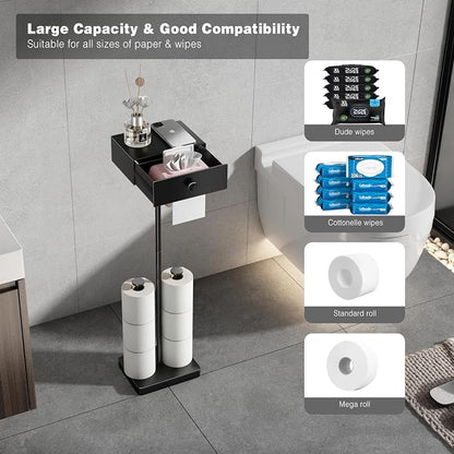VOLDRA Toilet Paper Holder Stand with Shelf, Free Standing Black Toilet Paper Roll Holder with Wipes Storage Drawer Heavy Duty Floor Bathroom Tissue Holder Freestanding No Drill Tp Holder for 7 Rolls