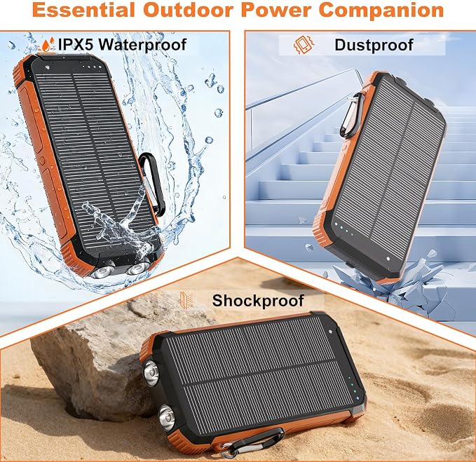 Solar Charger Power Bank 20000mAh, Wireless Fast Charging Battery Pack with 3 Built-in Cables & USB-C Input, Dual LED Flashlights, Portable Phone Charger for Camping, Travel & Emergency Use (Orange)