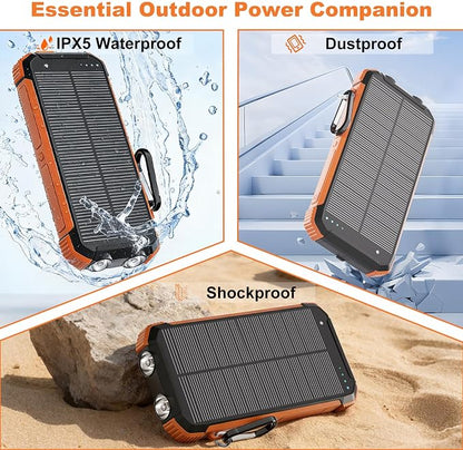 Solar Charger Power Bank 20000mAh, Wireless Fast Charging Battery Pack with 3 Built-in Cables & USB-C Input, Dual LED Flashlights, Portable Phone Charger for Camping, Travel & Emergency Use (Orange)