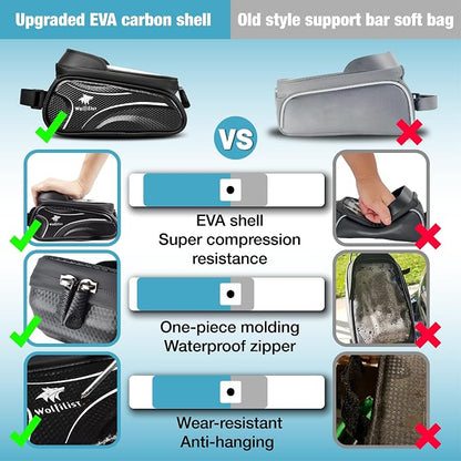 WOLFILIST Bike Bag - Waterproof Bike Frame Bag with Sun-Visor Rain Cover, Bike Phone Holder with TPU Sensitive Touch Screen, Handlebar Bag Bicycle Accessories, Large Capacity Suitable Phone Under 7"