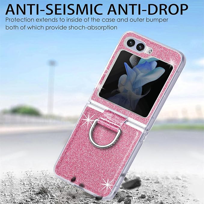 Bling Glitter Case for Samsung Galaxy Z Flip 6 with Ring Holder,Women Girls Cute Phone Case Non Slip Ultra Slim TPU Bumper Shockproof Protective Case for Galaxy Z Flip 6 5G 2024,Pink