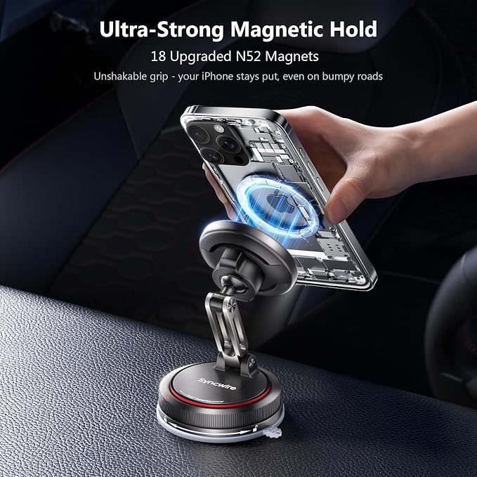 SYNCWIRE for MagSafe Car Mount [2-Axis Design] Nano Adhesive Gel + Suction Cup Magnetic Phone Holder for Dashboard & Windshield, 360° Adjustable for iPhone 17 16 15 14 13 12 11, Samsung, Matte Black