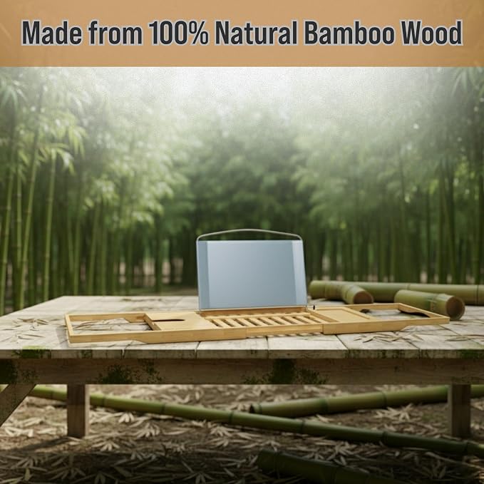 Bamboo Bathtub Tray - Wood Bath Caddy with Book, Phone, or Tablet Rest, Cup Holder, and Extended Sides for Bath Accessories by Home-Complete (Natural)