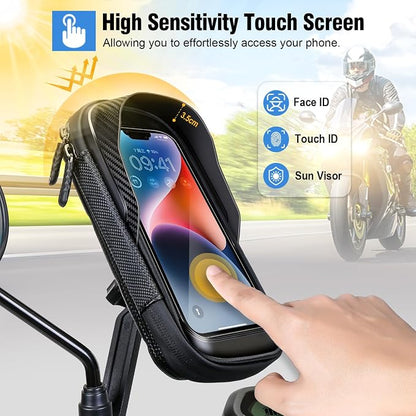 Waterproof Motorcycle Phone Mount 360° Rotation Motorcycle Rearview Mirror Phone Holder Anti-Shake Large Capacity Motorcycle Cell Phone Holder with Sun Visor and TPU Touch Screen