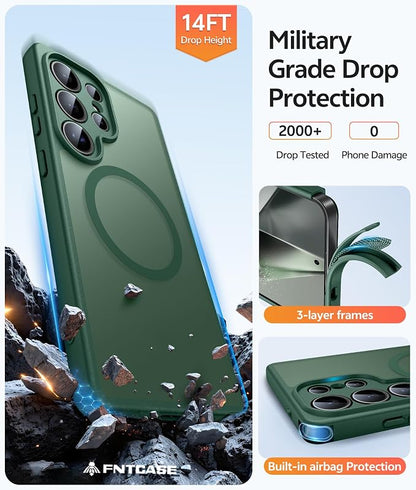 FNTCASE for Samsung Galaxy S24 Ultra Case, Compatible with Magsafe Green | Screen Protector, Full Camera Protection, Translucent Matte, 14FT Military Grade Drop Proof, Protective Phone Cover