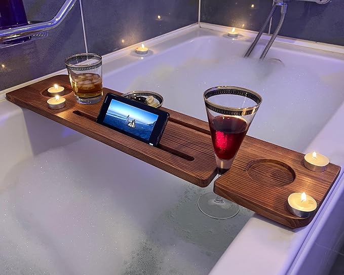 Handmade Wooden Bathtub Tray - 3 Different Size Options - Rustic Structure - Water Insulator - Bath Tray Caddy with Wine Glass Holder (28", BLACK BROWN)