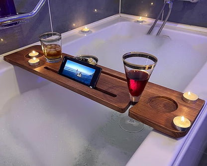 Handmade Wooden Bathtub Tray - 3 Different Size Options - Rustic Structure - Water Insulator - Bath Tray Caddy with Wine Glass Holder (28", BLACK BROWN)