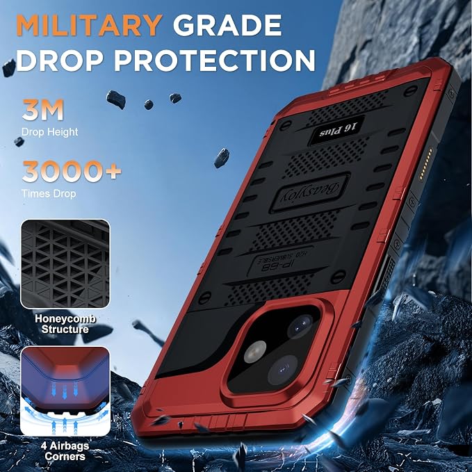 Beasyjoy for iPhone 16 Plus Case Waterproof, Metal Heavy Duty Full Body Protective Case with Built-in Screen Protector, Military Grade Shockproof Dustproof Defender Case for Work Sport 6.7", Red