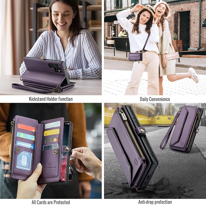 Strapurs Crossbody Wallet Case Compatible with Samsung Galaxy S22 Ultra 5G RFID Blocking 10-Card Holder Soft PU Leather Magnetic Snap Strap Zipper Pocket Phone Case Fit for Galaxy S22 Ultra - Purple