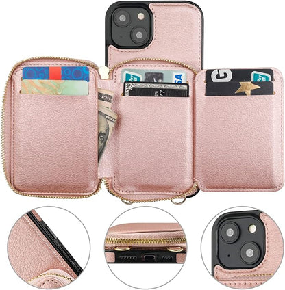 Bocasal RFID Blocking Wallet Case for iPhone 14 Plus, Adjustable Crossbody Zipper Purse Case Card Holder with Kickstand Detachable Wrist Strap, PU Leather Flip Folio Case 6.7 Inch 5G (Rose Gold)