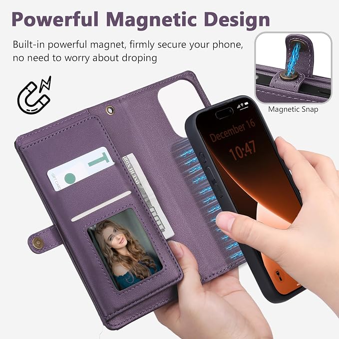 Wallet Case for iPhone 15 Pro with Card Holder/Crossbody Wallet/Strap| RFID Blocking | Magnetic | Kickstand | Detachable | PU Leather Phone Case for iPhone 15 Pro,6.1 in,Purple