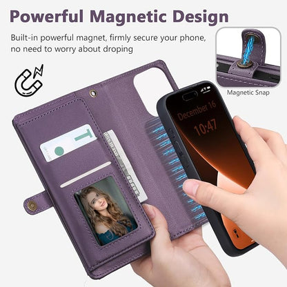 Wallet Case for iPhone 15 Pro with Card Holder/Crossbody Wallet/Strap| RFID Blocking | Magnetic | Kickstand | Detachable | PU Leather Phone Case for iPhone 15 Pro,6.1 in,Purple