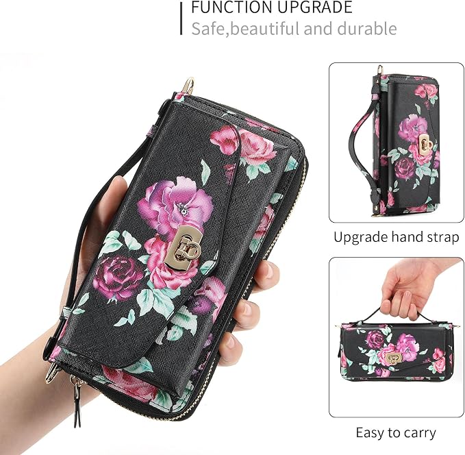LITOU Compatible for Samsung Galaxy S26 Crossbody Phone Case,Detachable Magnetic,Card Holder,Zipper Leather Wallet Wrist Lanyard Strap Case for Women Men.BlackFlower