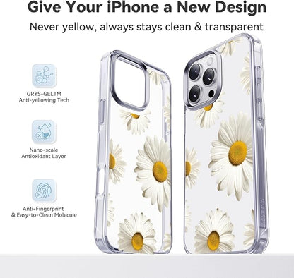 CASEKOO White Daisy for iPhone 16 Pro Case, [Never Yellow Technology] [12FT Military-Grade Protection] Transparent Slim Floral Cover Women Men 16 Pro Phone Case 6.3 inch, White Daisy