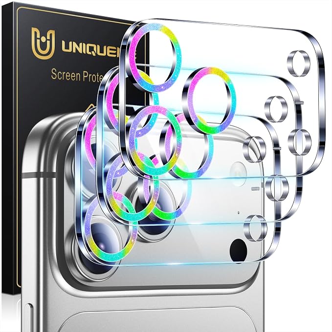 UniqueMe Compatible for 3 Pack iPhone 17 Pro Camera Lens Protector - [Drop Protection] [Case Friendly] 9H Tempered Glass Camera Cover Screen [Update New Version] - Glitter Colorful