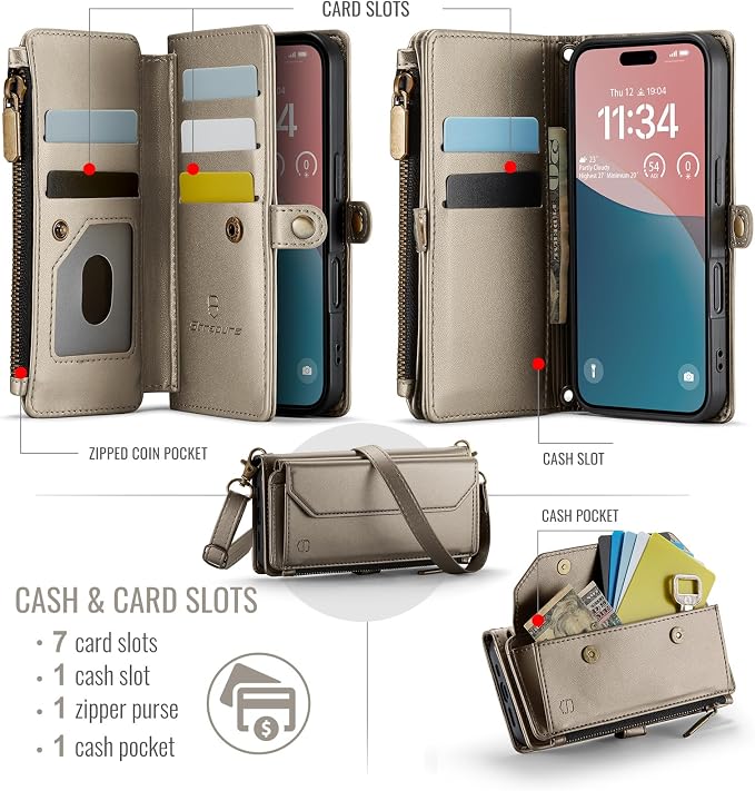 Strapurs Wallet Case Compatible with iPhone 16 6.1" RFID Blocking 7-Card Holder PU Leather Magnetic Snap Shoulder Strap Zipper Pocket Phone Case Fit for iPhone 16 for Women - Desert Titanium