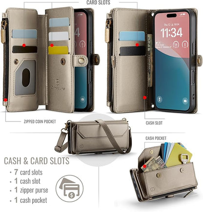 Strapurs Wallet Case Compatible with iPhone 16 6.1" RFID Blocking 7-Card Holder PU Leather Magnetic Snap Shoulder Strap Zipper Pocket Phone Case Fit for iPhone 16 for Women - Desert Titanium