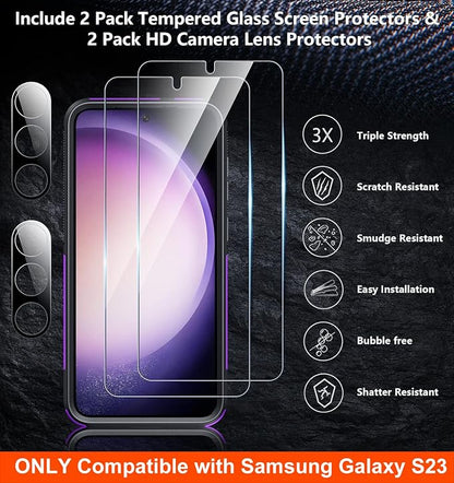 SPIDERCASE Designed for Samsung Galaxy S23 Case, [10 FT Military Grade Drop Protection], 2 Pack [Tempered Glass Screen Protector+Camera Lens Protector] Heavy Duty Shockproof Case, Dark Purple