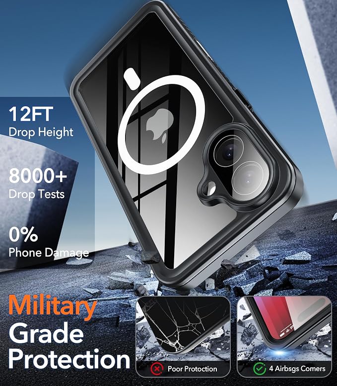 Oterkin Waterproof Case for iPhone 17 Case Compatible with MagSafe, Full Body Rugged iPhone 17 Phone Case with Built-in HD Screen & Lens Protector [15FT Military] iPhone 17 6.3'' 2025 Case (Black)
