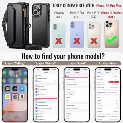 Strapurs for iPhone 16 Pro Max Detachable Wallet Case Compatible with Magsafe, RFID Blocking 9-Card Holder Zipper Strap Lanyard PU Leather Magnetic Phone Case for iPhone 16 Pro Max 6.9", Black