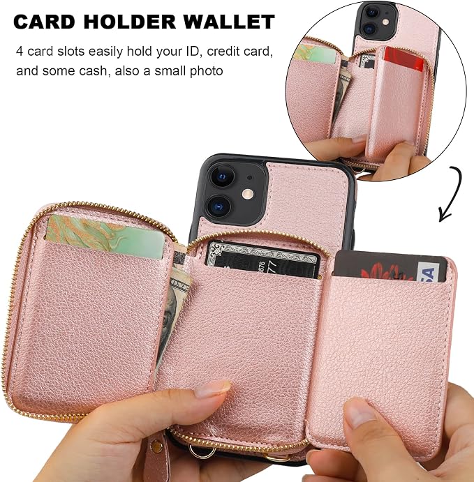 Bocasal RFID Blocking Wallet Case for iPhone 11, Adjustable Crossbody Zipper Purse Case Card Holder with Kickstand Detachable Wrist Strap, PU Leather Flip Folio Case 6.1 Inch (Rose Gold)
