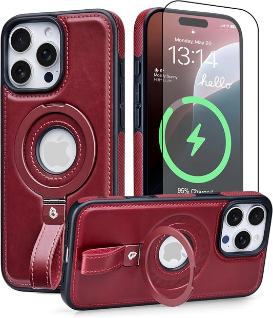 for iPhone 13 Pro Max Leather Case with Stand, Anti-Slip Grip Ring, Fits for MagSafe (Burgundy, iPhone 13 Pro Max)