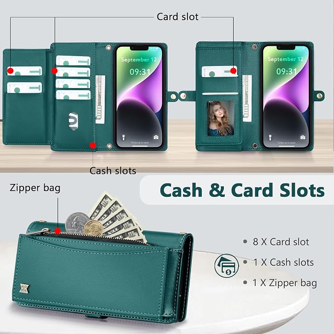 Wallet Case for iPhone 14 with Card Holder/Crossbody Wallet/Strap| RFID Blocking | Magnetic | Kickstand | Detachable | PU Leather Phone Case for iPhone 14,6.1 in,Green