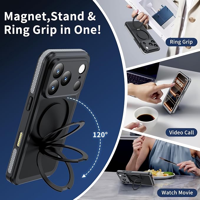 ANTSHARE Magnetic for iPhone 17 Pro Case Waterproof, Built in Screen Protector [Compatible with MagSafe] [Invisible Stand] [IP68 Underwater], Full Body Protection Phone Case 6.3'', Black