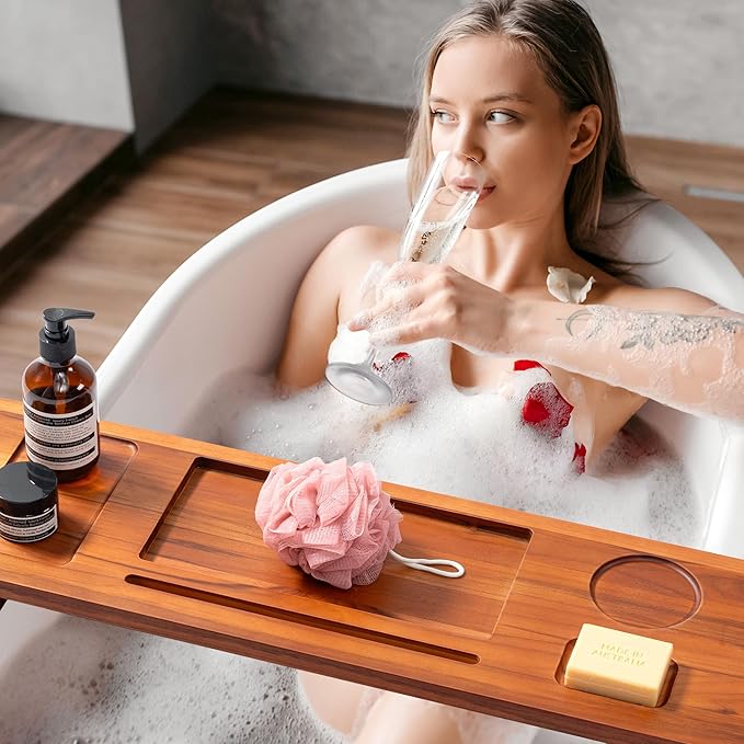 Premium Teak Bathtub Tray for Freestanding Baths - 29" Adjustable Spa Caddy | Compact, Thick & Stable Design | Anti-Tip with Accessories Holder | Natural Water-Resistant Finish