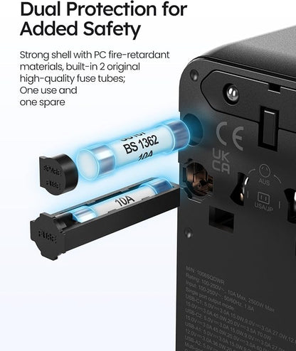 70W Universal Travel Adapter, Nekmit International Power Adapter with Retractable USB C Fast Charger Cable, 6-Port Travel Plug with 2 AC, 2 USB-A and 2 USB-C Ports Compatible with Over 200 Countries