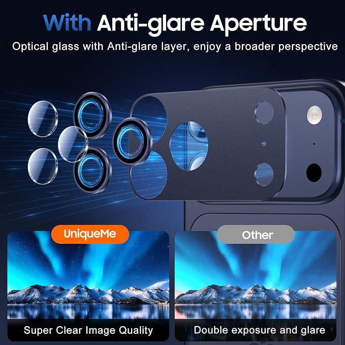 UniqueMe for 3 Pack iPhone 17 Pro Camera Lens Protector - [Drop Protection] [Case Friendly] 9H Tempered Glass Camera Cover Screen [Update New Version] - All Blue