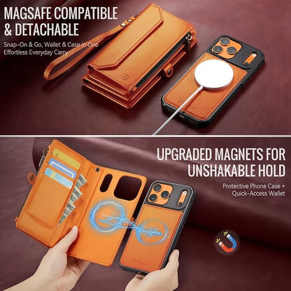 Strapurs for iPhone 17 Pro Detachable Wallet Case Compatible with Magsafe, RFID Blocking 9-Card Holder Zipper Wrist Strap Lanyard PU Leather Magnetic Phone Case for iPhone 17 Pro 6.3", Orange