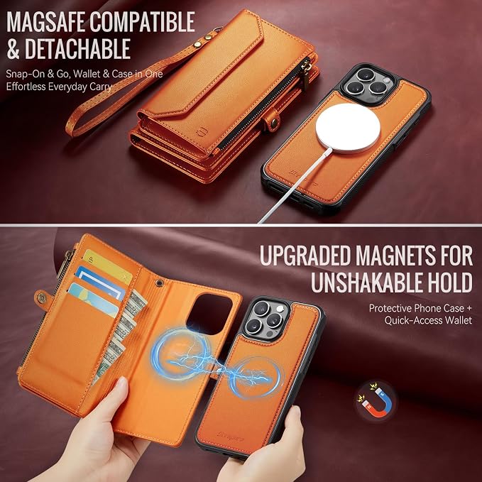 Strapurs for iPhone 16 Pro Max Detachable Wallet Case Compatible with Magsafe, RFID Blocking 9-Card Holder Zipper Strap Lanyard PU Leather Magnetic Phone Case for iPhone 16 Pro Max 6.9", Orange