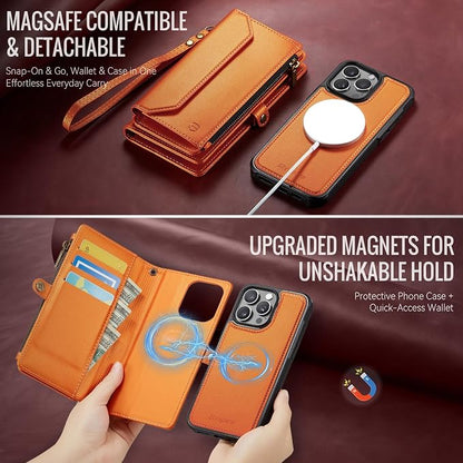 Strapurs for iPhone 16 Pro Max Detachable Wallet Case Compatible with Magsafe, RFID Blocking 9-Card Holder Zipper Strap Lanyard PU Leather Magnetic Phone Case for iPhone 16 Pro Max 6.9", Orange