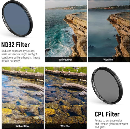 NEEWER 67mm 7 Pack ND Filter Set Compatible with Android Samsung Google Pixel Huawei Xiaomi Clip On CPL+ ND32 + Starlight + GND (Red/Orange/Yellow/Blue) Camera Lens Photography Accessories Kit, FL-P11