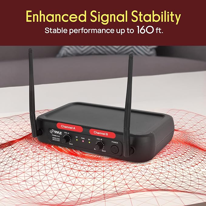 Pyle Dual Channel Wireless Microphone System - VHF Fixed Dual Frequency Wireless Mic Receiver Set with 2 Lavalier, 2 Headset Mics, 2 Transmitter, Receiver - For PA, Karaoke, Dj Party - Pyle PDWM2145