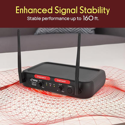 Pyle Dual Channel Wireless Microphone System - VHF Fixed Dual Frequency Wireless Mic Receiver Set with 2 Lavalier, 2 Headset Mics, 2 Transmitter, Receiver - For PA, Karaoke, Dj Party - Pyle PDWM2145
