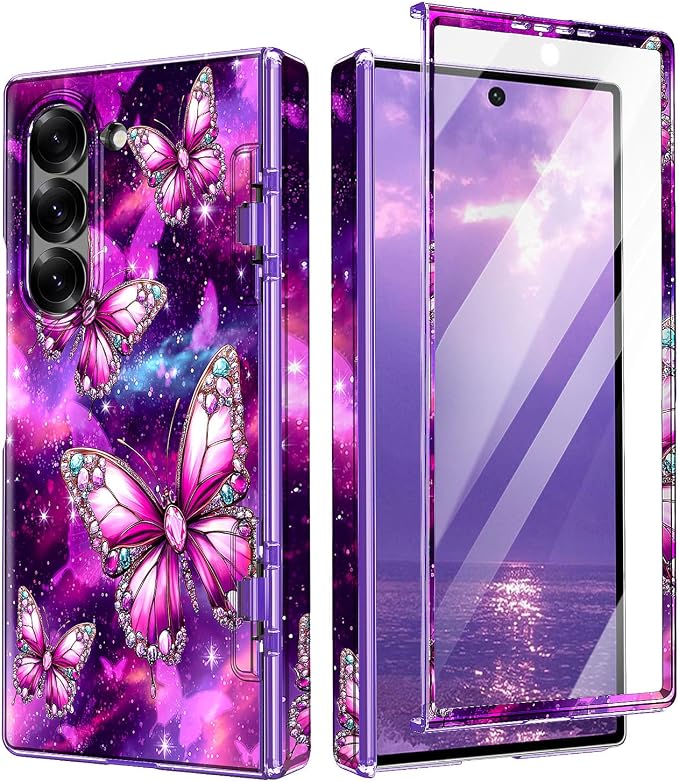 Btscase for Samsung Galaxy Z Fold 6 Case,Built in Front Screen Protector,Gold Glitter Marble Pattern Hard PC Slim Shockproof Full Body Drop Protective Case for Galaxy Z Fold 6 5G, Dreamy Purple